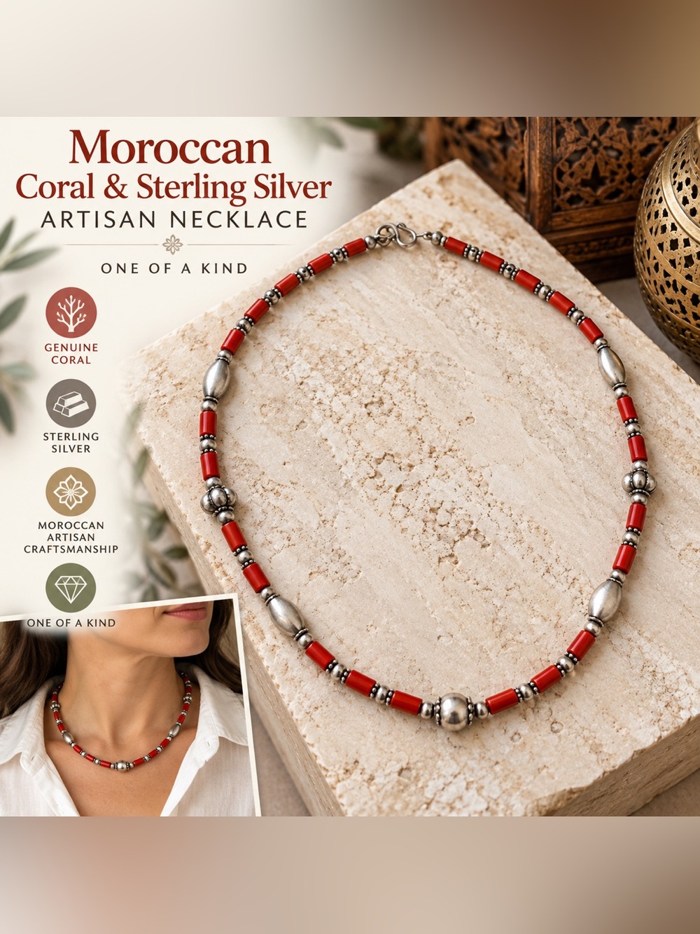 Moroccan Coral & Sterling Silver Artisan Necklace — Exquisite One-of-a-Kind Find